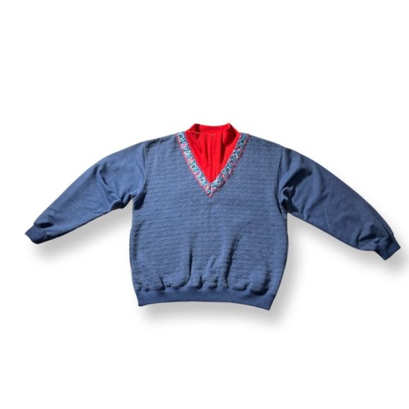 Vintage Grannycore Navy Blue and Red Turtleneck & Zip Collar Sweatshirt - Picture 5 of 9